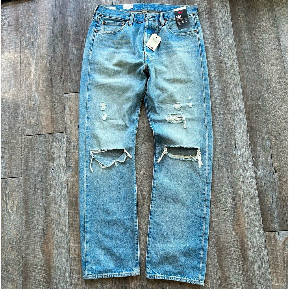 Levi's 501 Jeans Men's Blue Light Wash Distressed Straight Button Fly Premium